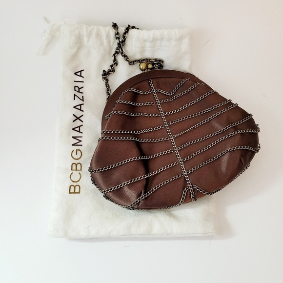 BCBG Maxazria‎ Chocolate Brown Satin Caged Chain Clutch Evening Bag - Picture 1 of 7